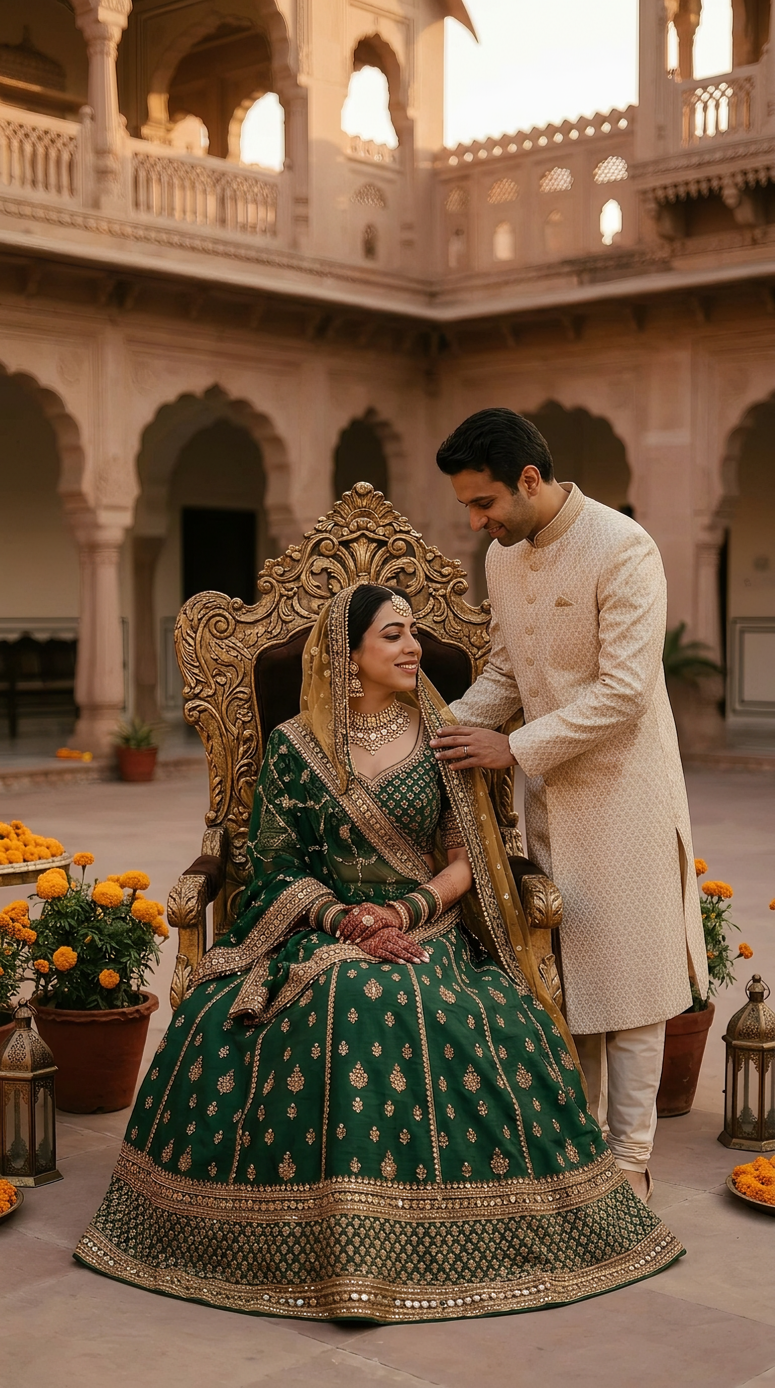 Lady in green lehnga with head covering head like traditi...