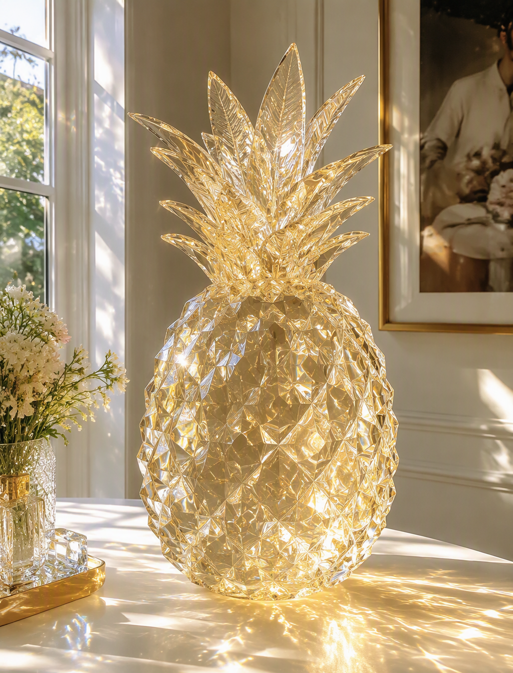On a white table lies a huge pineapple made of transparen...