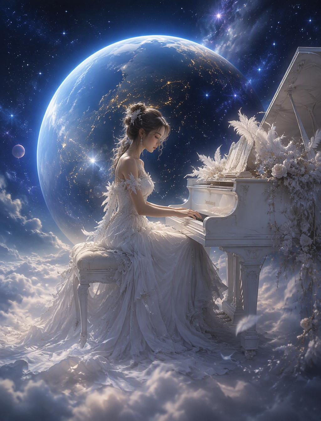 An enchanting digital painting of a woman gracefully play...
