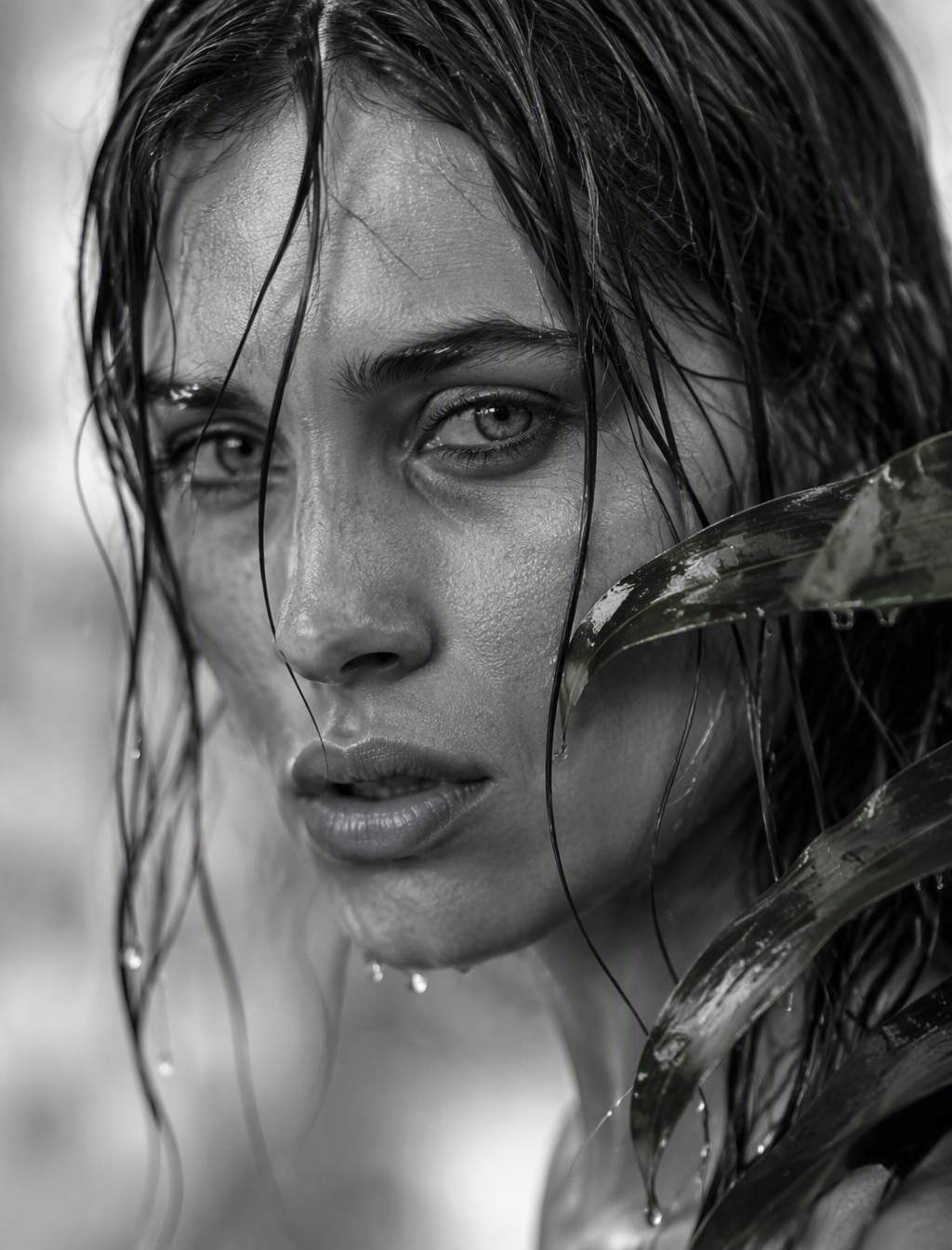 A close-up of the woman's face, her wet hair, from which ...