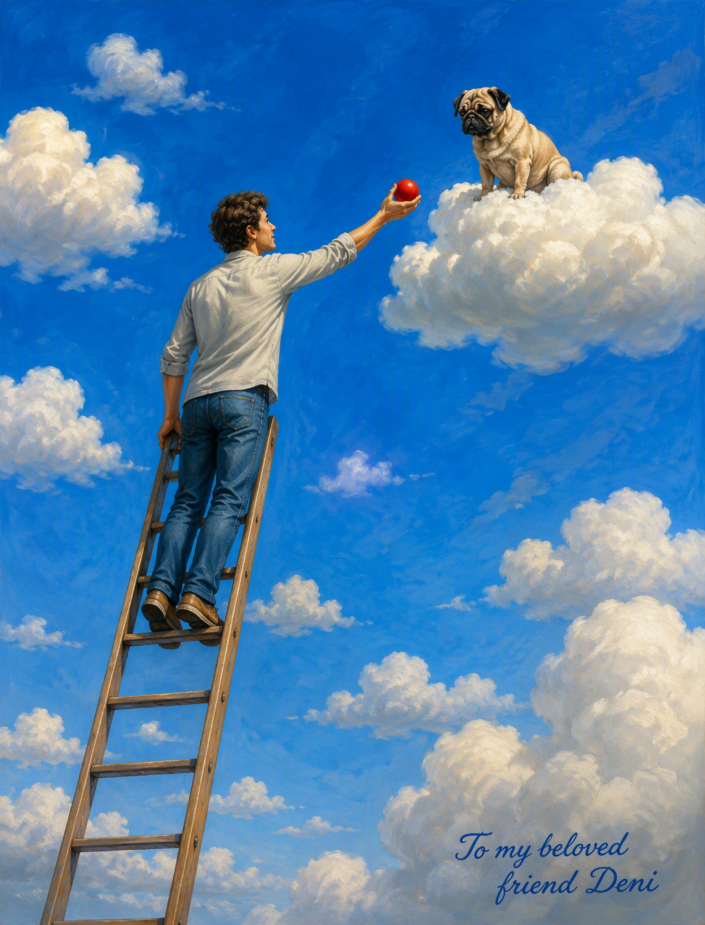 The bizarre and surreal scene takes place under a brillia...