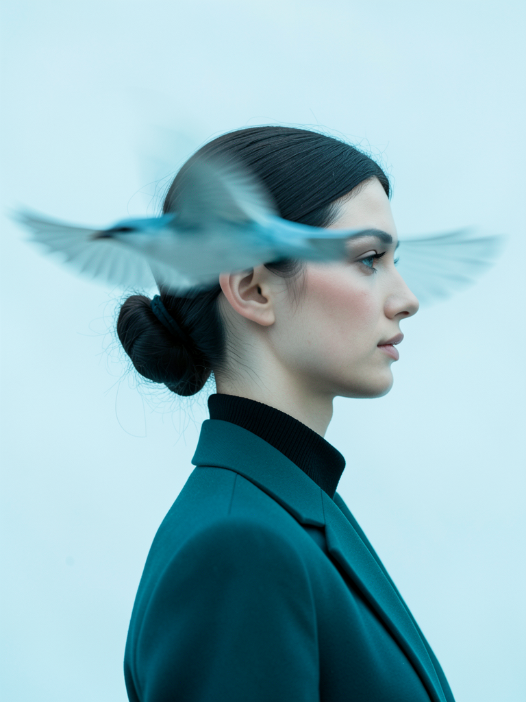 A young woman stands in strict right-facing profile, her ...