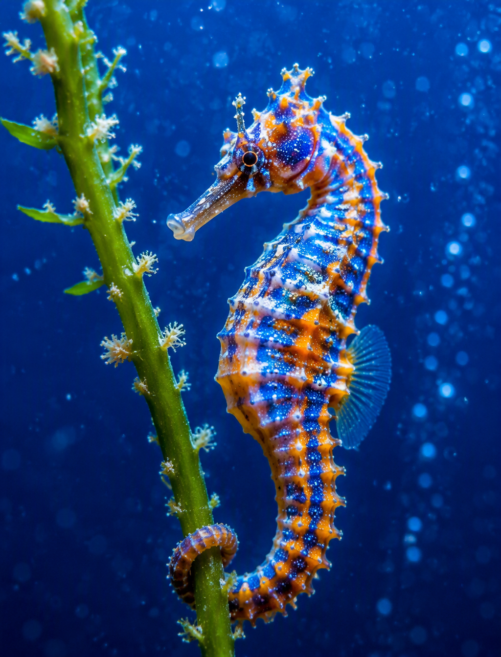A photo of a seahorse with a vibrant blue and orange patt...