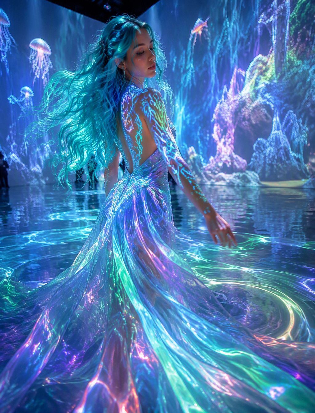A young woman with flowing aquamarine hair and glowing ta...