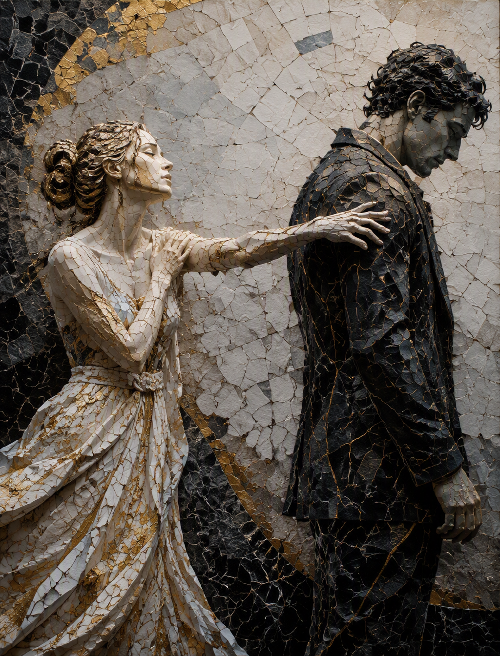 A captivating digital sculpture portrays a poignant scene...