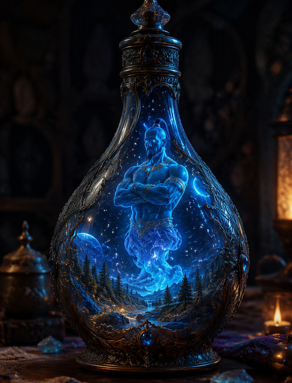 A cinematic shot of a dark, ancient crystal bottle. Insid...
