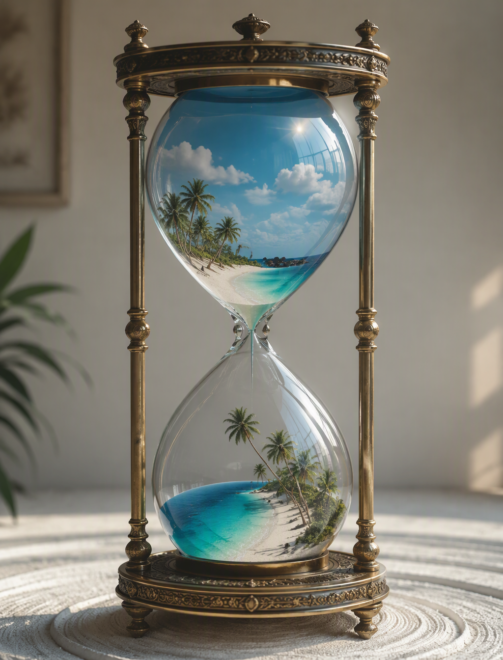 Photograph of a colossal, ornate glass hourglass resting ...