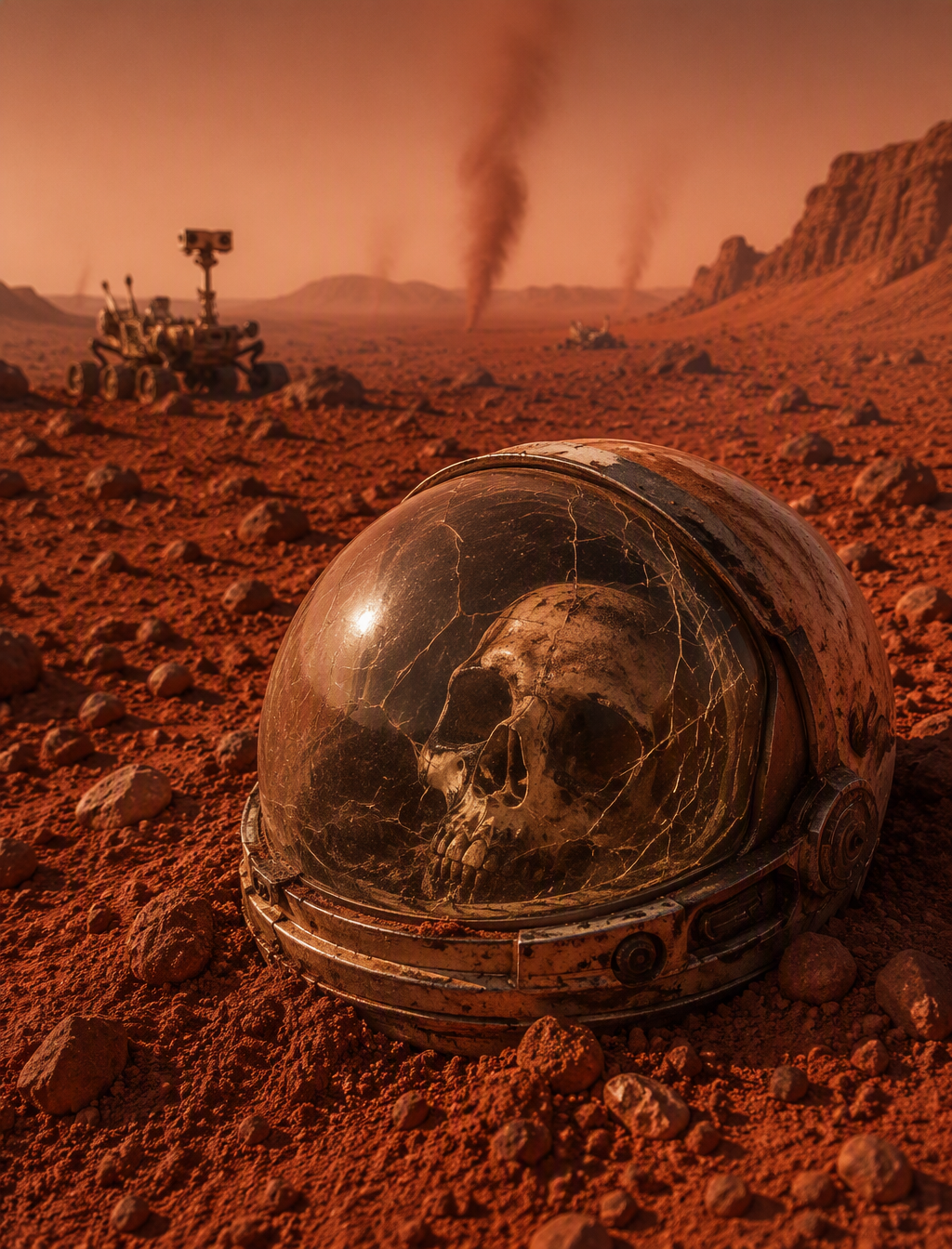A photograph depicts a desolate Martian landscape with a ...