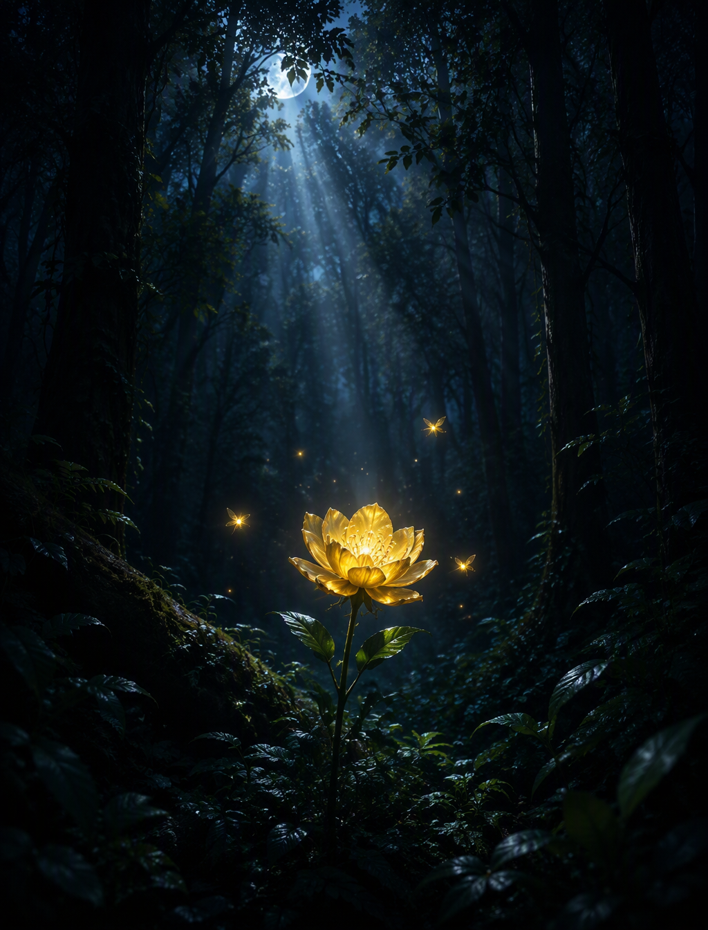 A dense forest bathed in shadows, with a single golden fl...