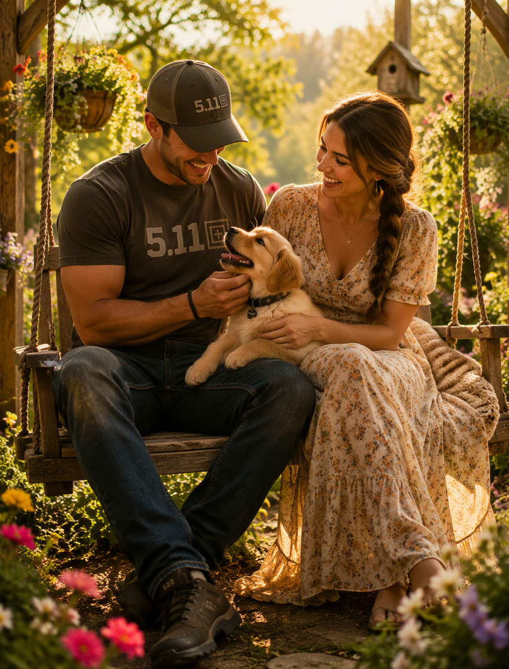 In a serene garden illuminated by golden afternoon sunlig...