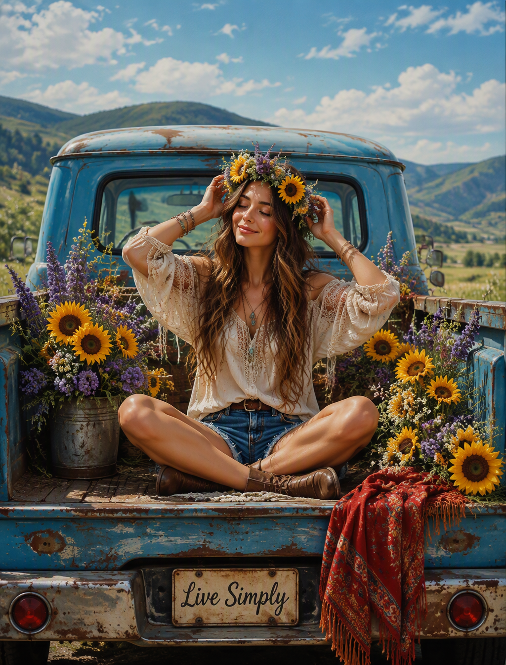 A serene and dreamy scene of a young woman in a picturesq...
