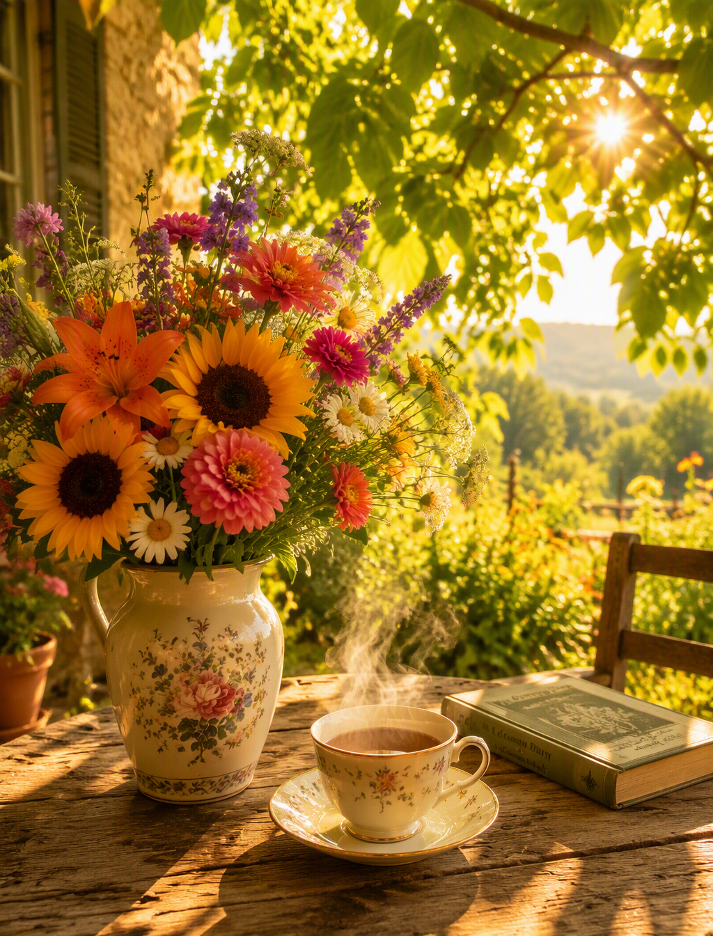 A delicate vase brimming with vibrant summer blooms and a...