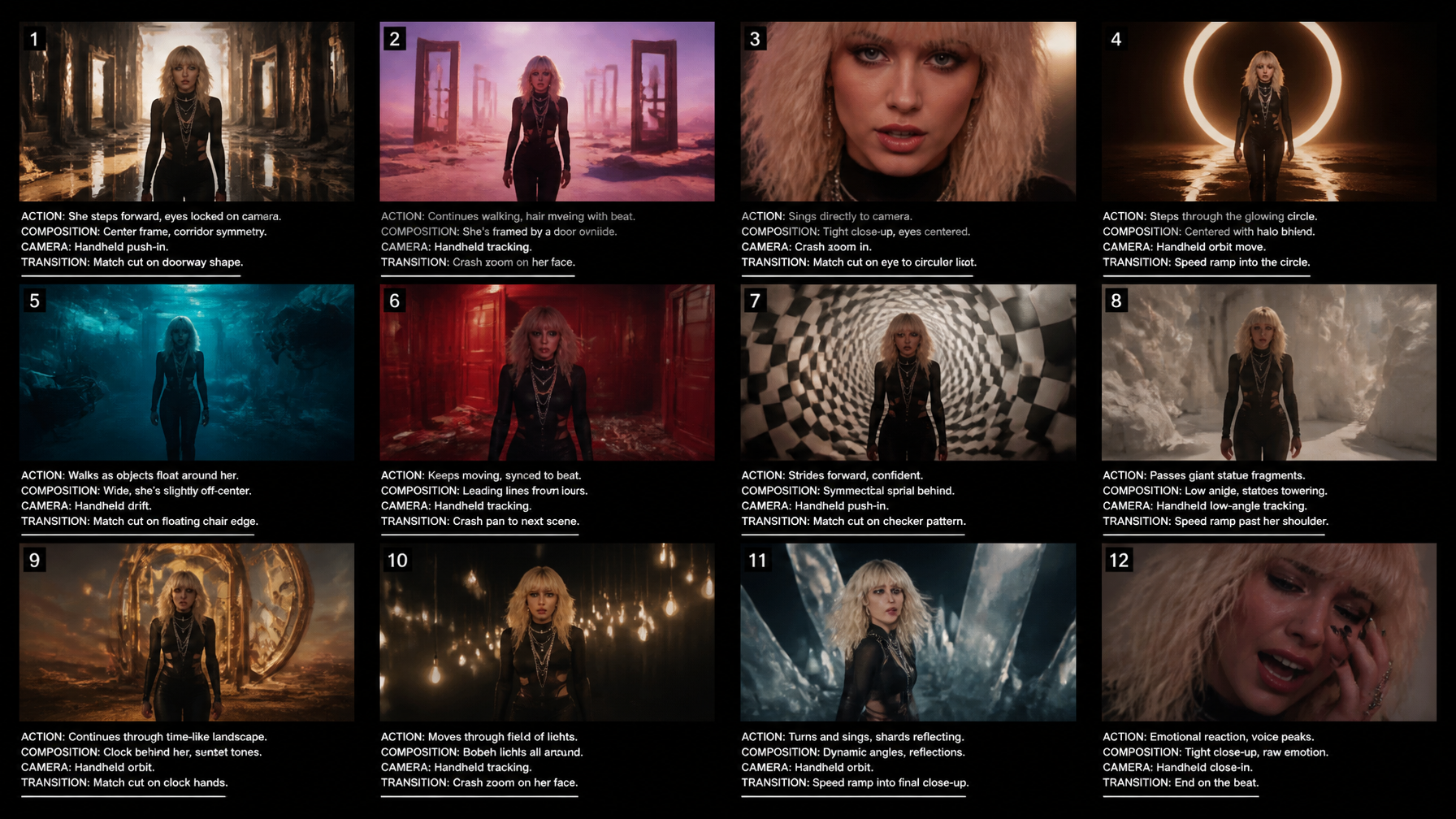 Create a cinematic storyboard for: певица проходит через ...