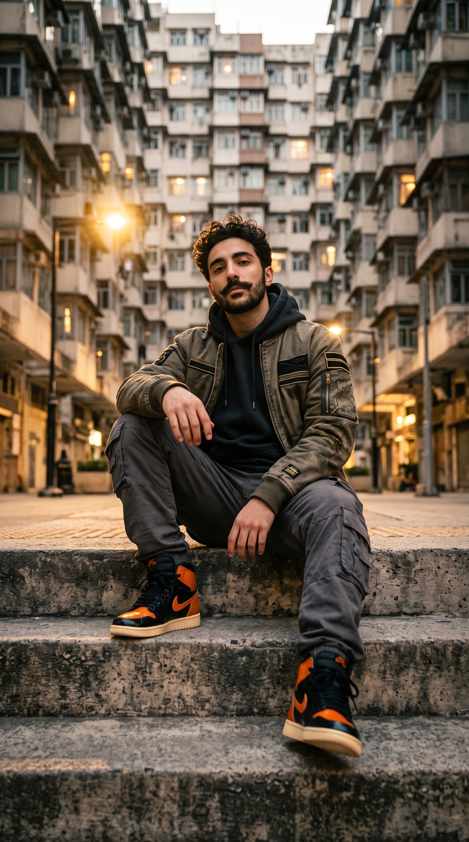 A stylish young man sitting confidently on raw concrete s...
