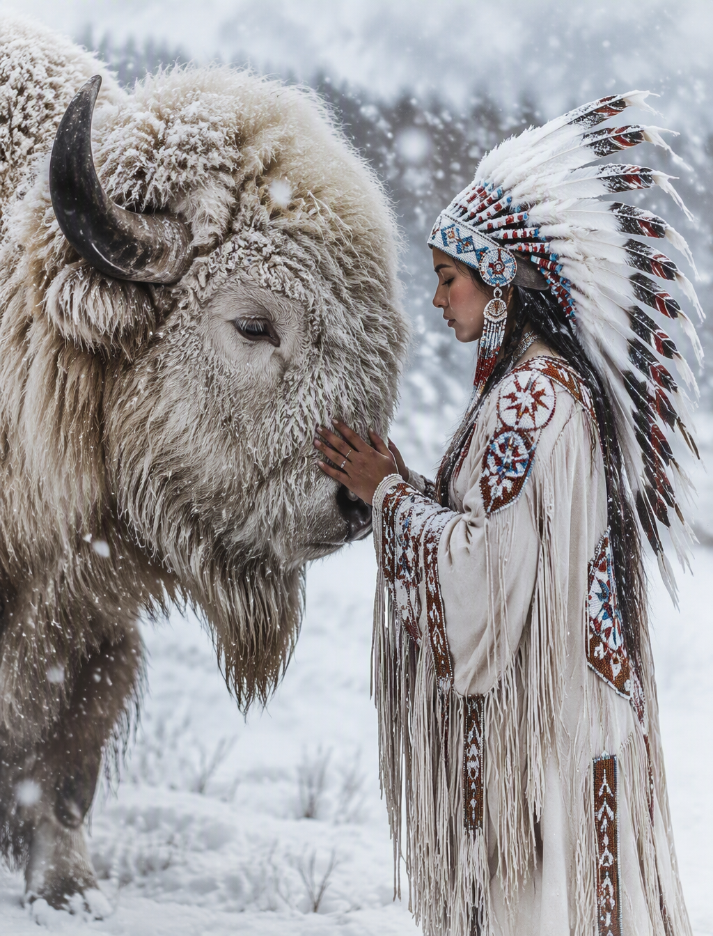 A dramatic artistic photograph of a Native American woman...