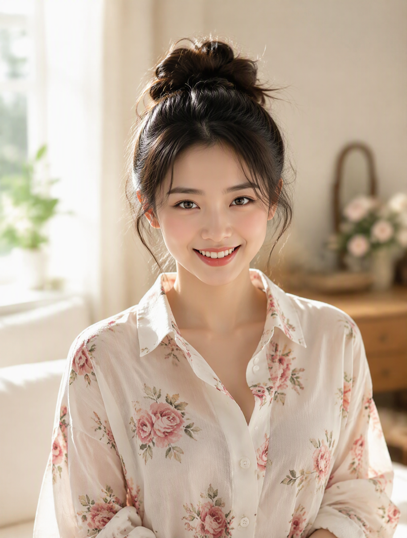 为一位美丽的东亚年轻女子创作一幅高度逼真、优雅的肖像。保持整体面部外观、精致的女性特征、自然的皮肤质地、柔软富有表...