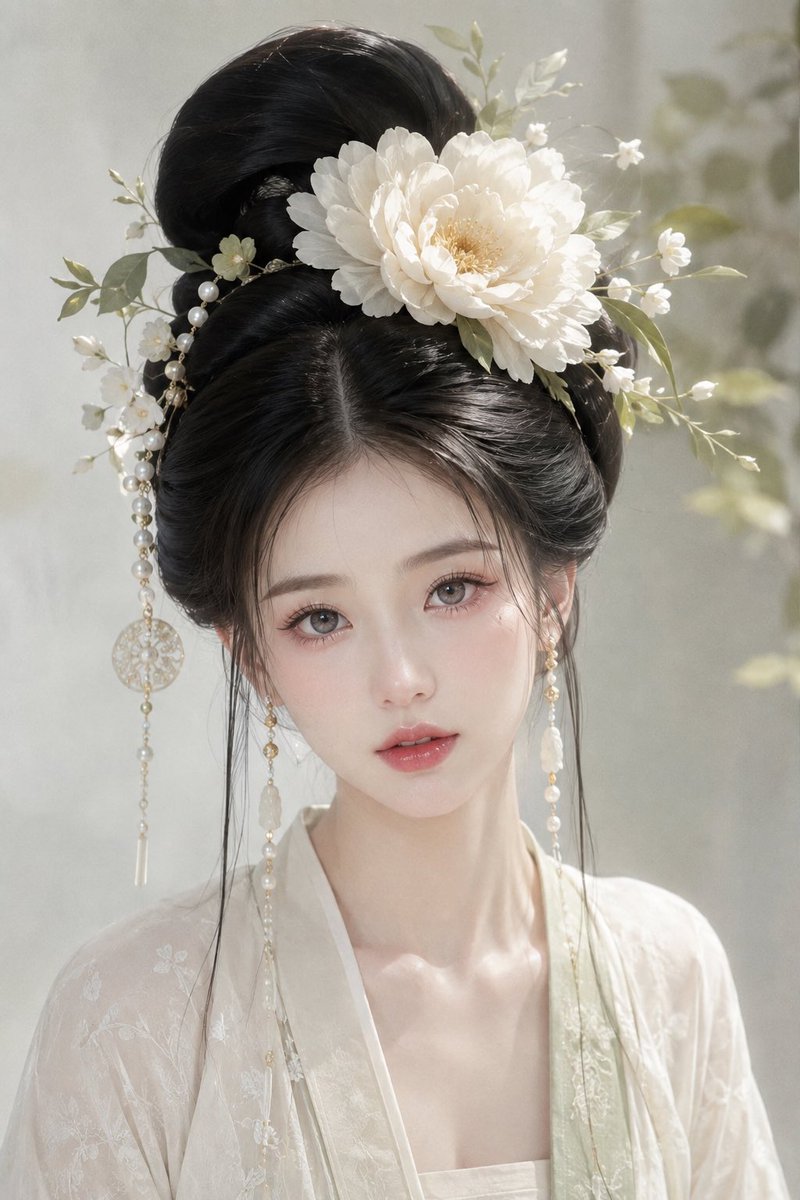 一名明确为成年人的东方女性，整体塑造成“古典水光仙姬”气质，重点统一脸型、五官、妆容、发型与发饰，使人物呈现温柔、...
