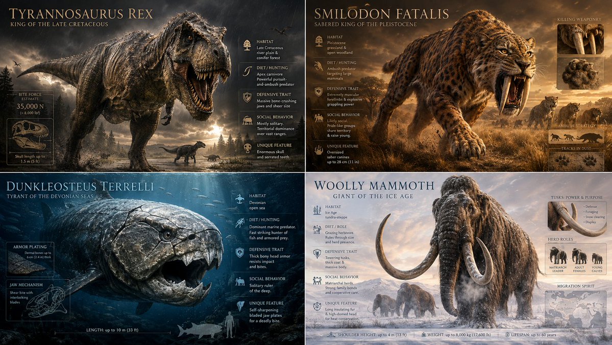 2x2 grid, 16:9, do this for 4 real prehistoric creatures ...