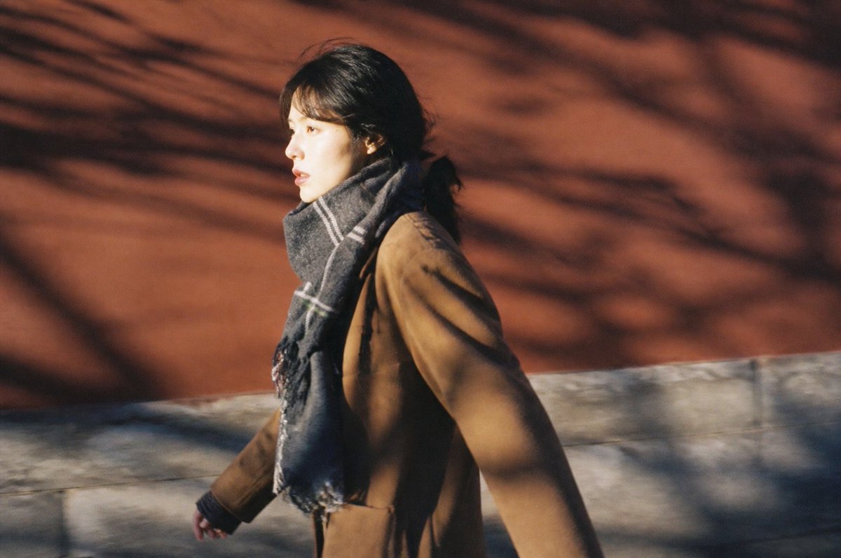 系列固定风格:深秋至初冬的北京中式古典园林现代冬日写真,复古棕灰与旧木青绿配色,安静克制、带私人旅行相册的真实抓拍...