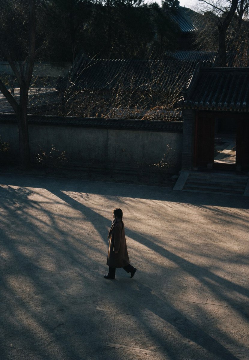 系列固定风格：深秋至初冬的北京中式古典园林现代冬日写真，复古棕灰与旧木青绿配色，安静克制、带私人旅行相册的真实抓拍... - alternate