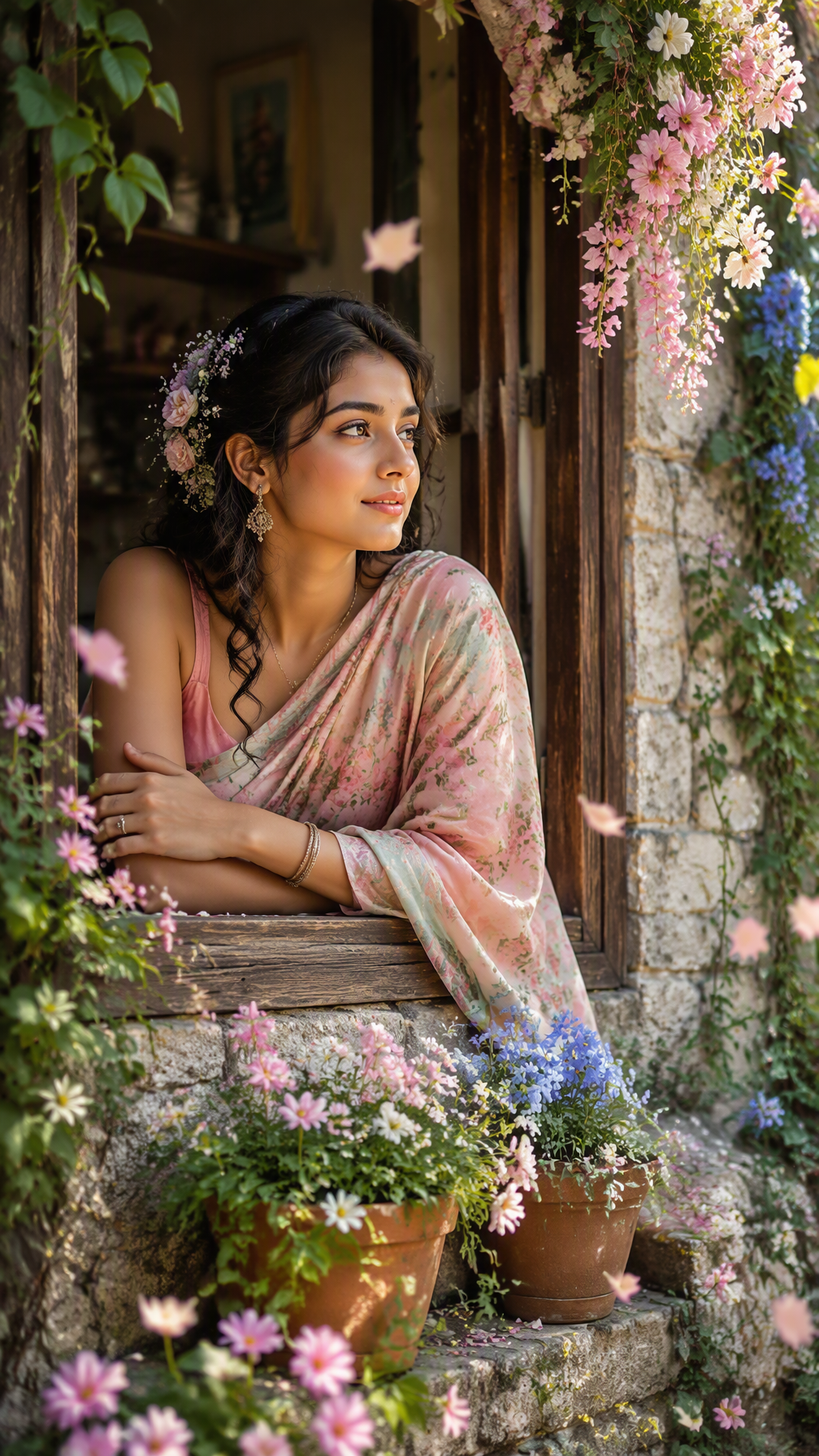 A beautiful young South Asian woman leaning on a rustic w...