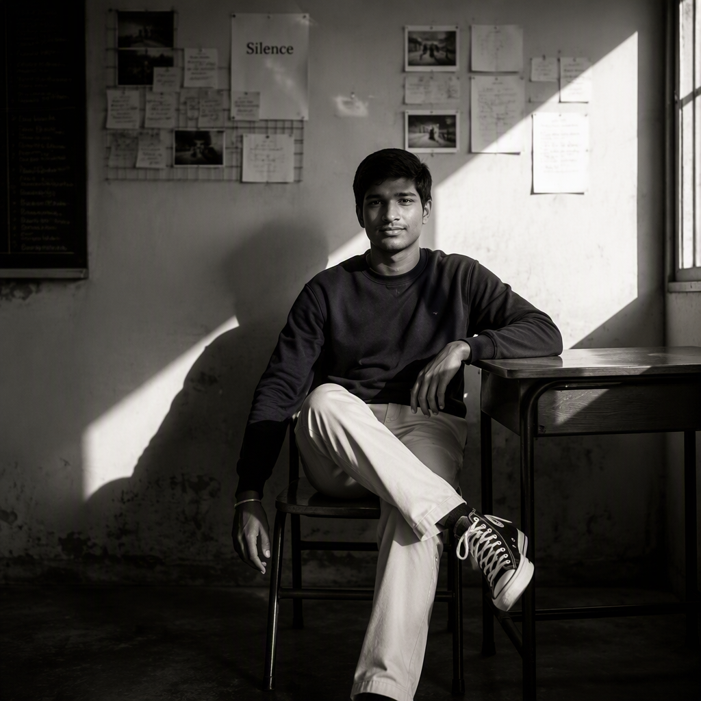 Create a high-contrast black and white portrait in a quie...