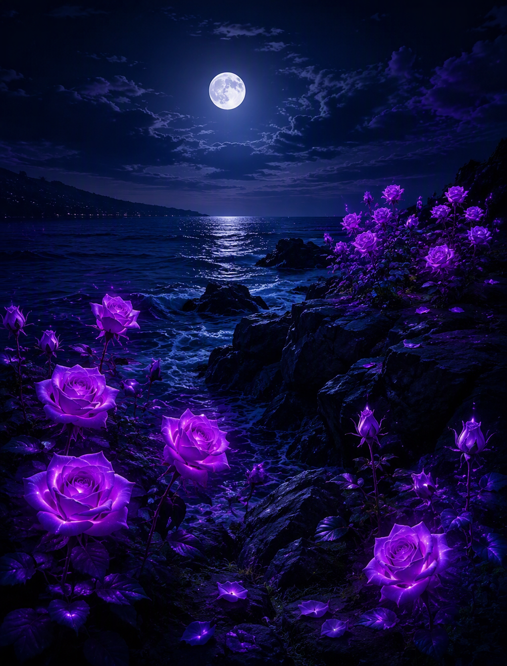 Una imagen de flores dispersas color purple fluorescentes...