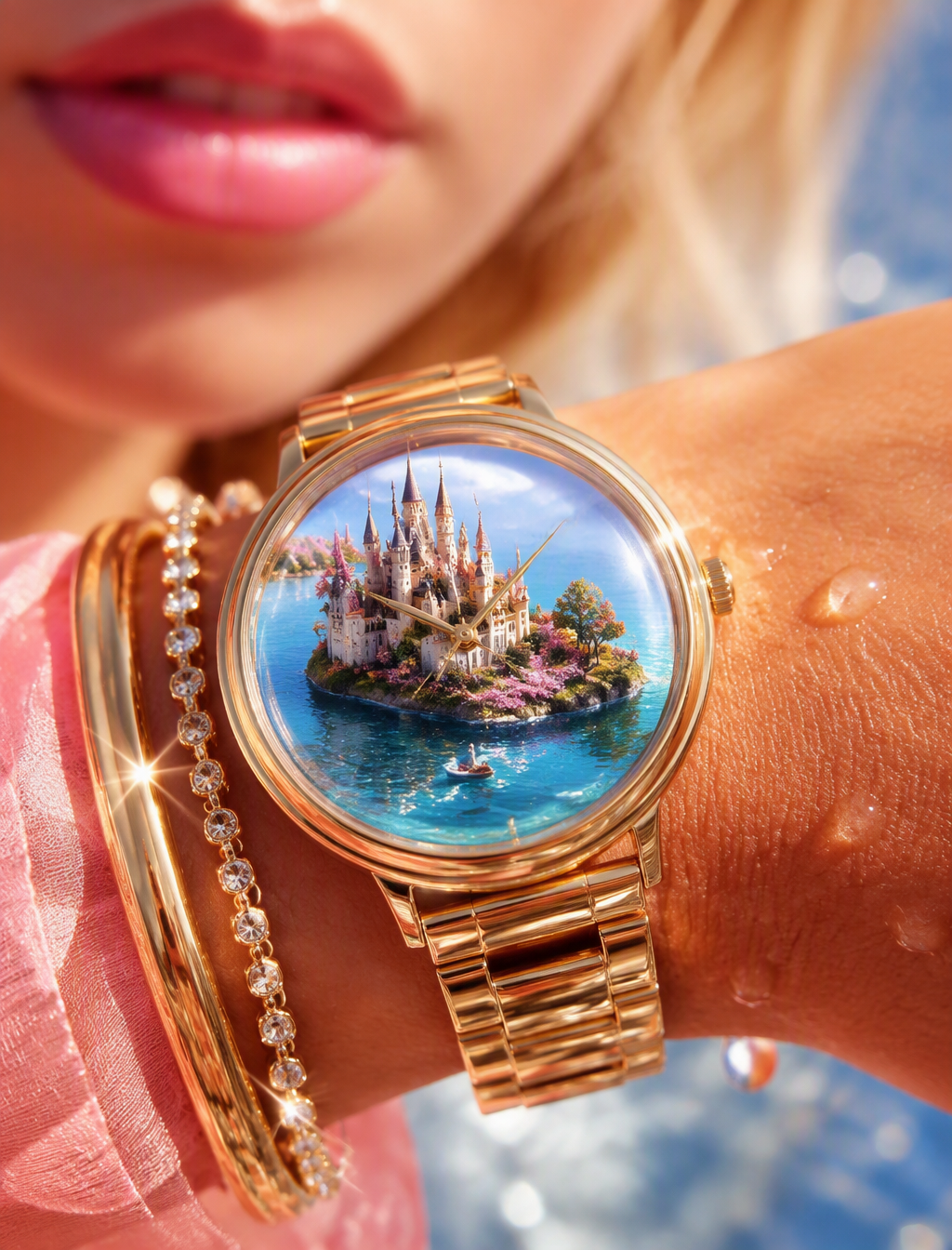 A watch on a woman’s wrist, inside the there is hyperreal...