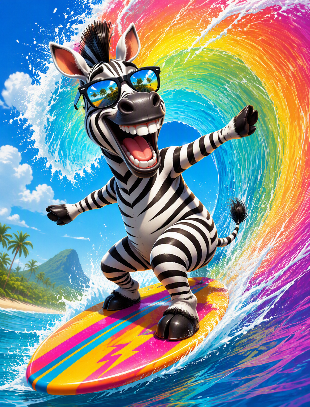 A cartoon zebra wearing sunglasses, surfing on a colorful...