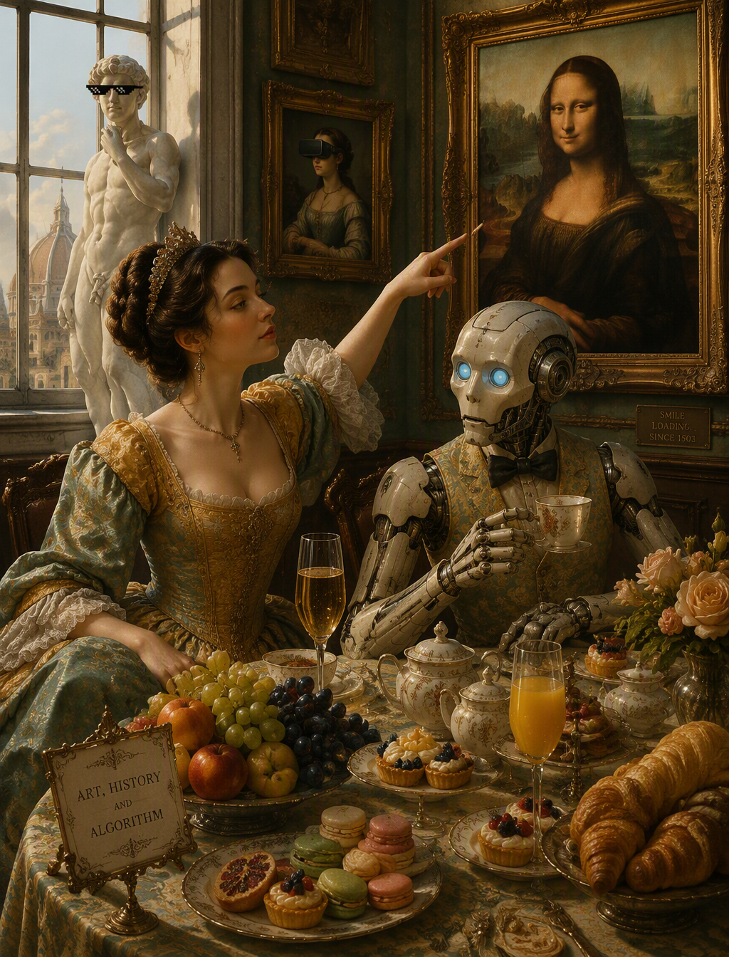 In this captivating and surreal artwork, a regal human wo...