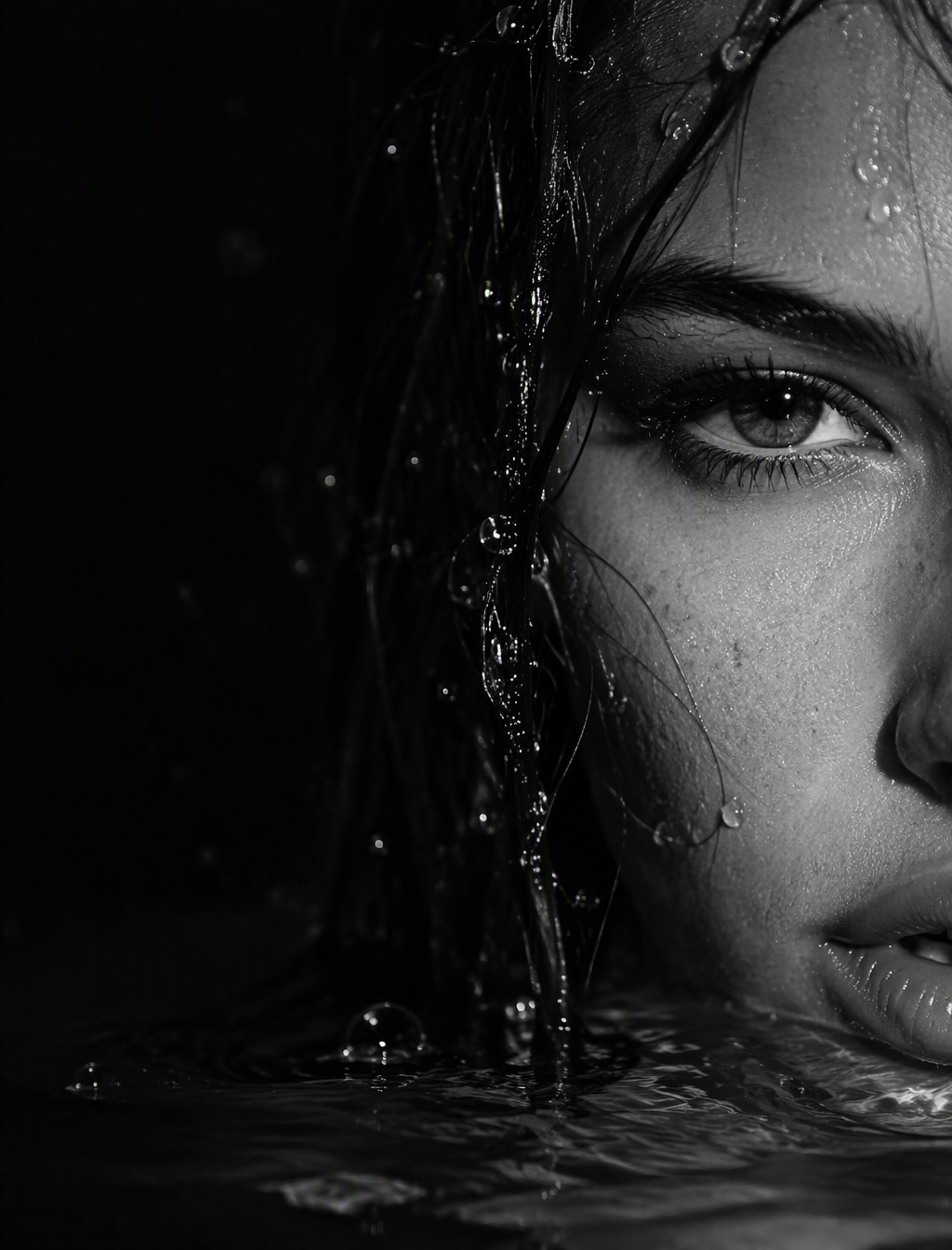 A striking monochrome photo-style portrait of a sultry, a...