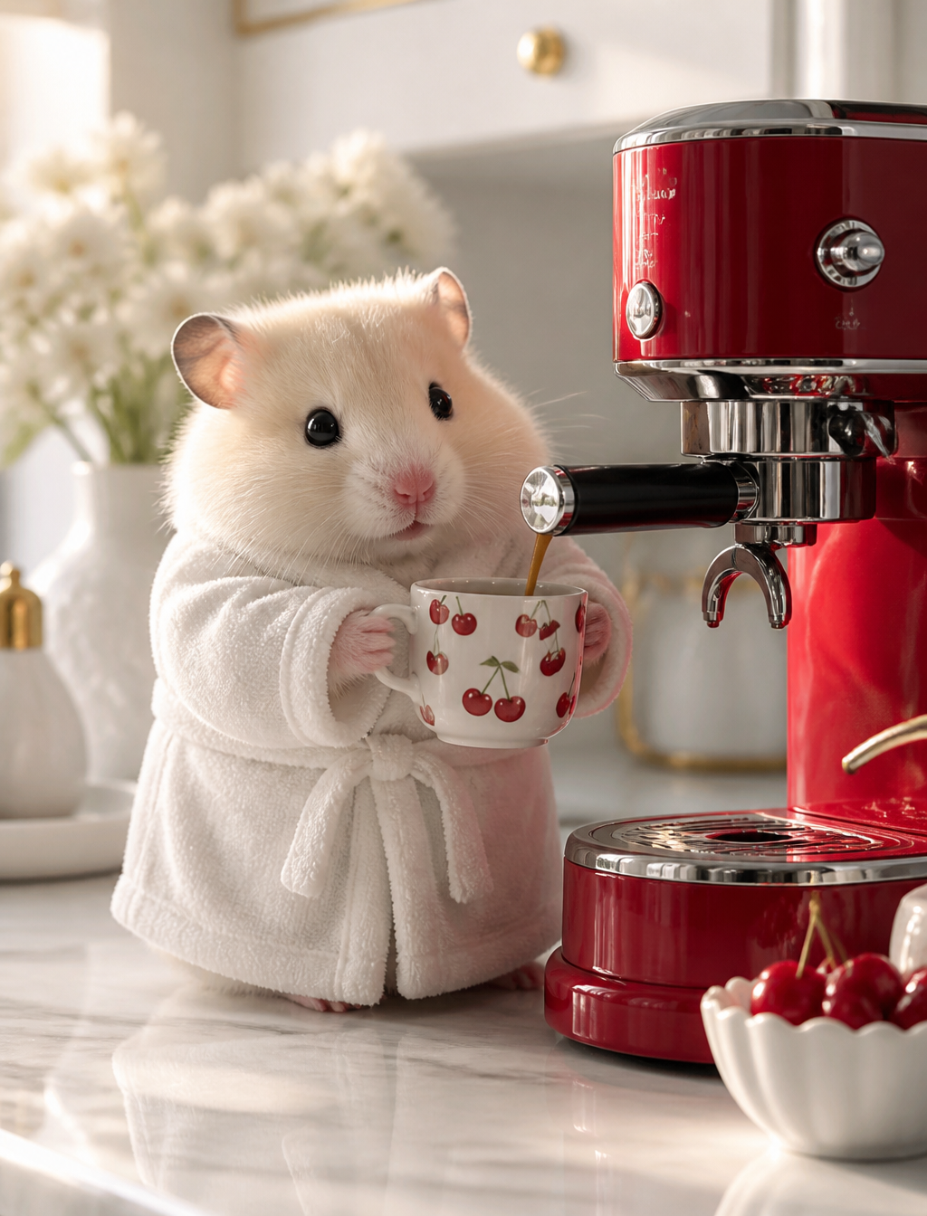 A fluffy, adorable hamster with cream-colored fur and shi...