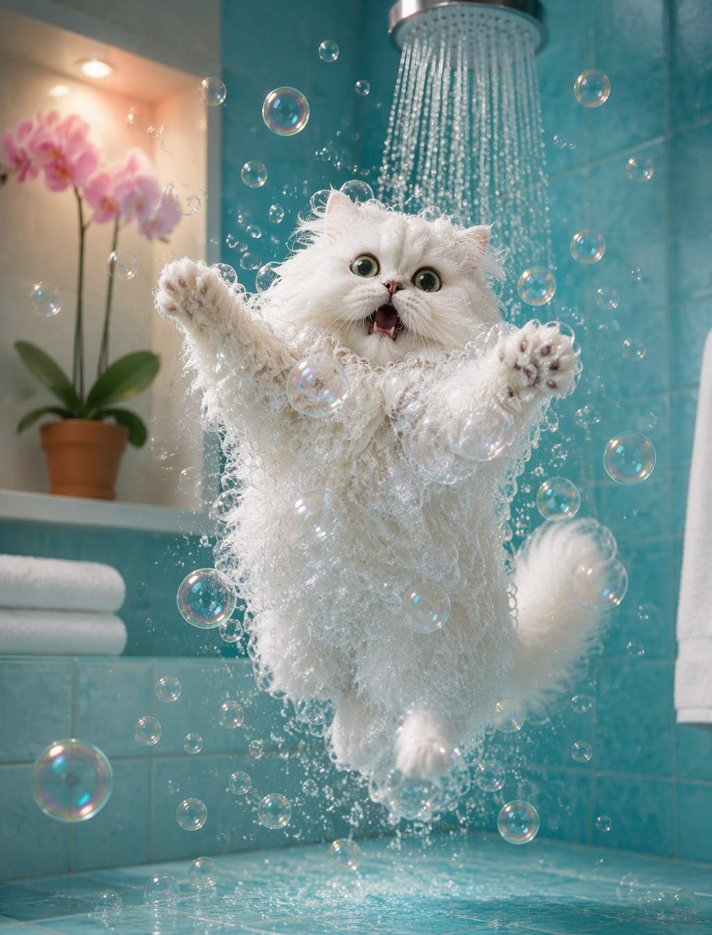 A soft, whimsical photograph captures a fluffy white Pers...