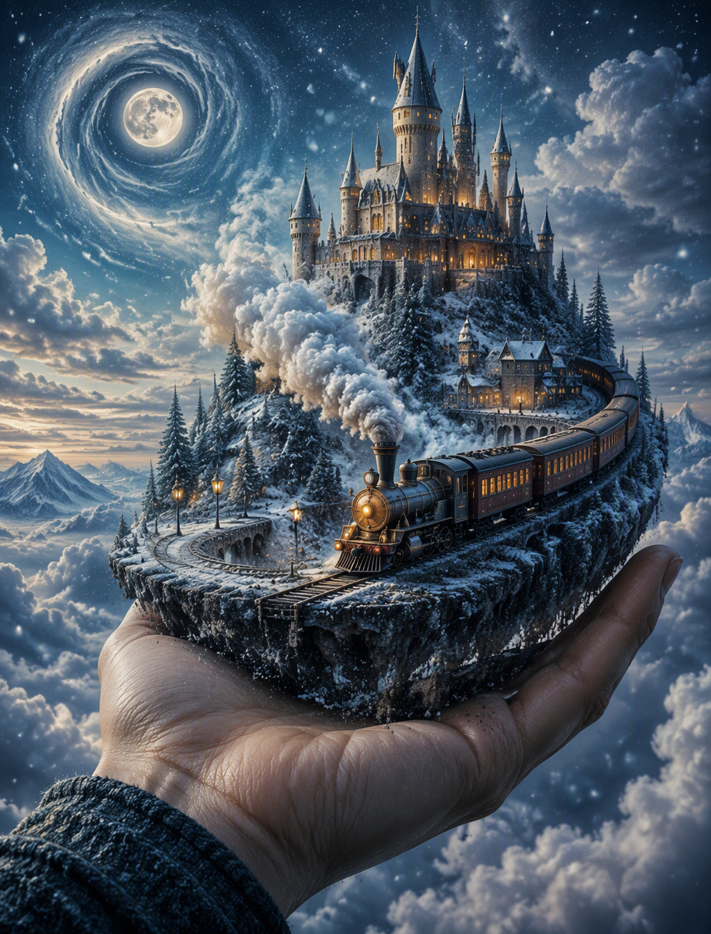 A surreal and enchanting scene, featuring a hand holding ...