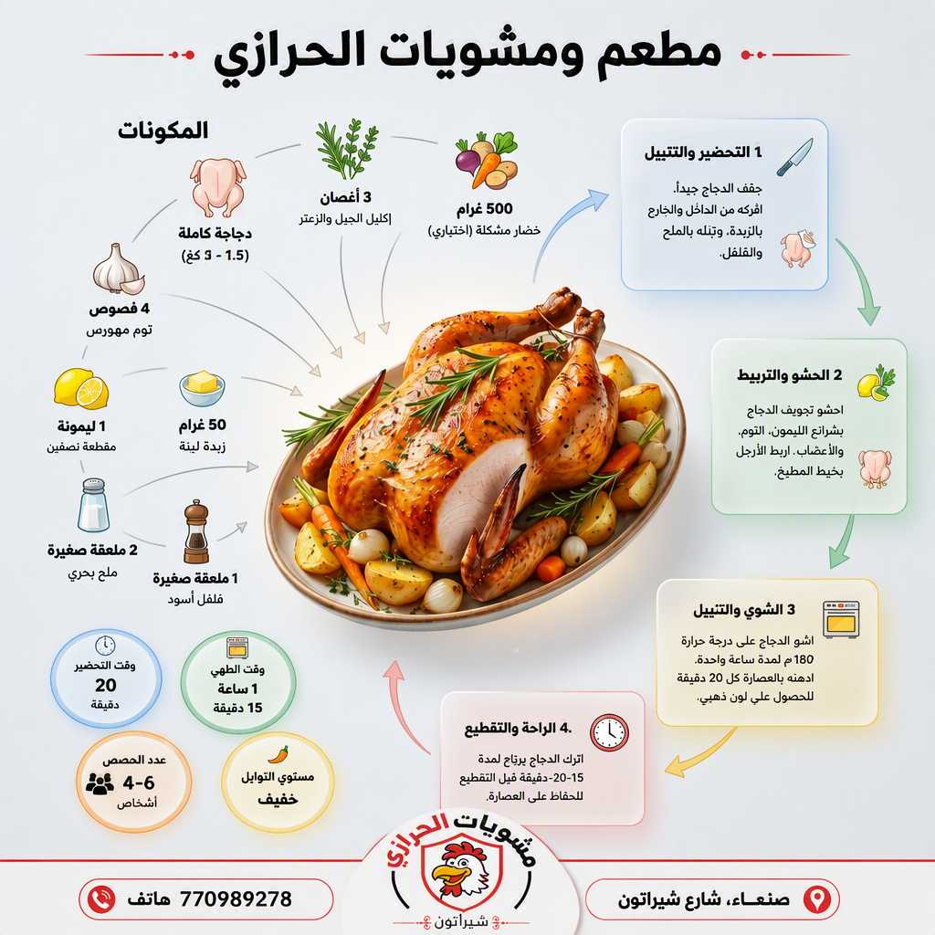 وضع العنوان الرئيسي على الصورة: «مطعم ومشويات الحرازي»، و...