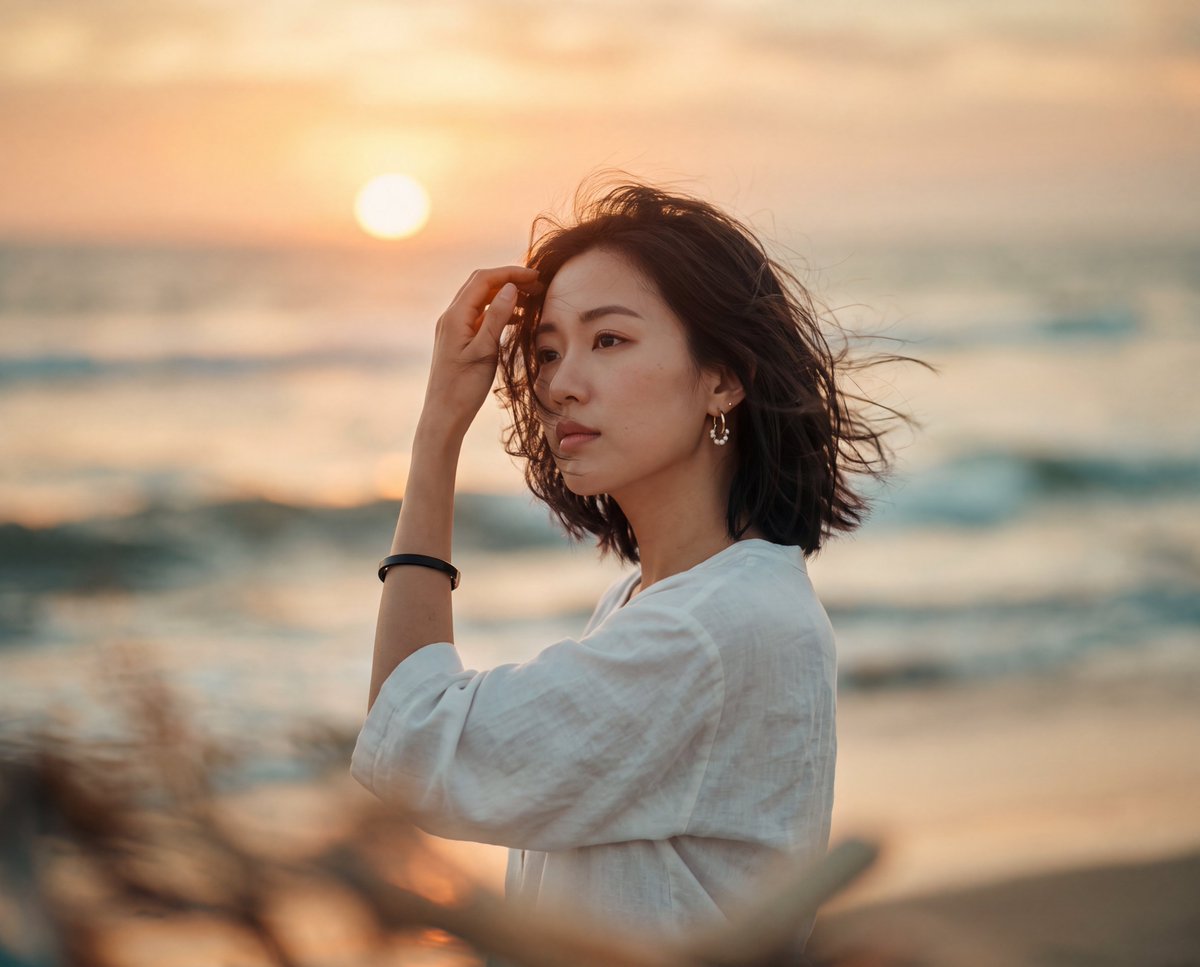 Beautiful young Asian woman at beach sunset, medium shot ...
