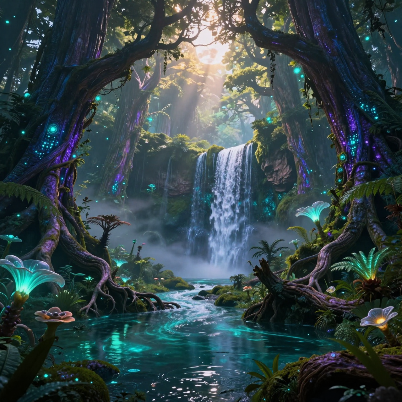 一片浩瀚、古老的外星雨林生态系统,以史诗级科幻电影的视觉风格呈现,采用超高细节的广角环境建立镜头。整个场景被巨型原...