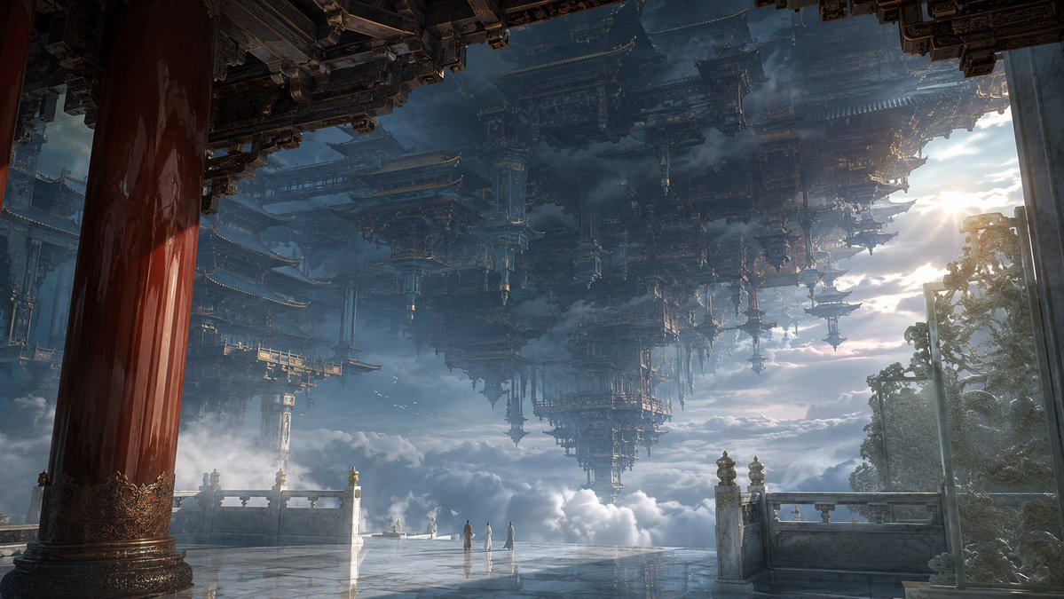 16:9 横向电影画幅,东方仙界超尺度环境场景,refined cinematic matte painting,...