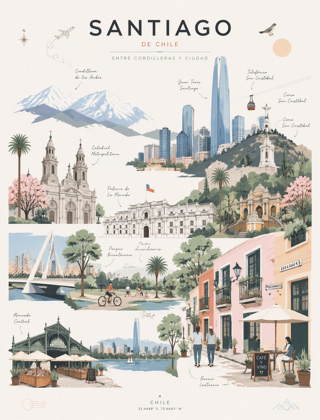 Create a sophisticated premium travel illustration of San...