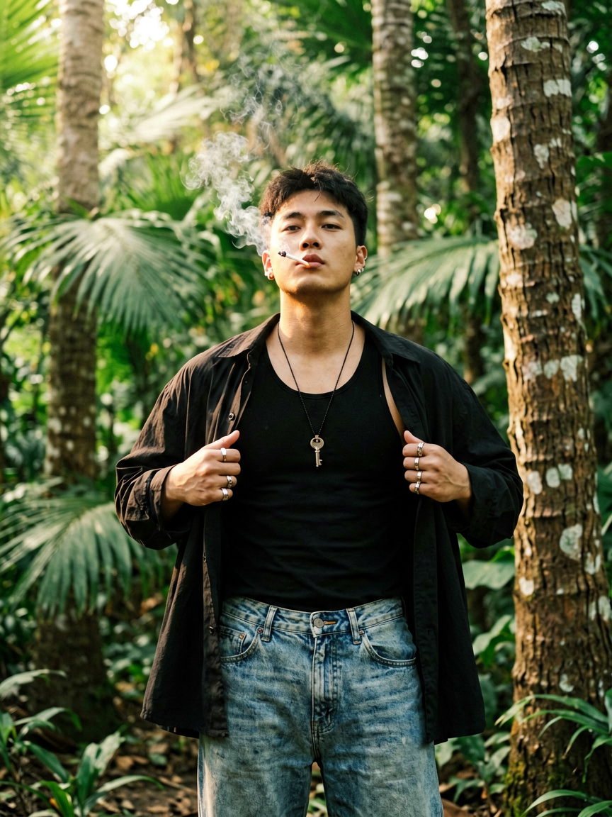 A young man stands in a dense tropical woodland, pulling ...