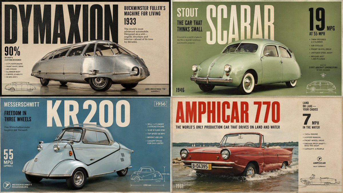 2x2 grid, 16:9, do this for 4 unusual classic cars that w...