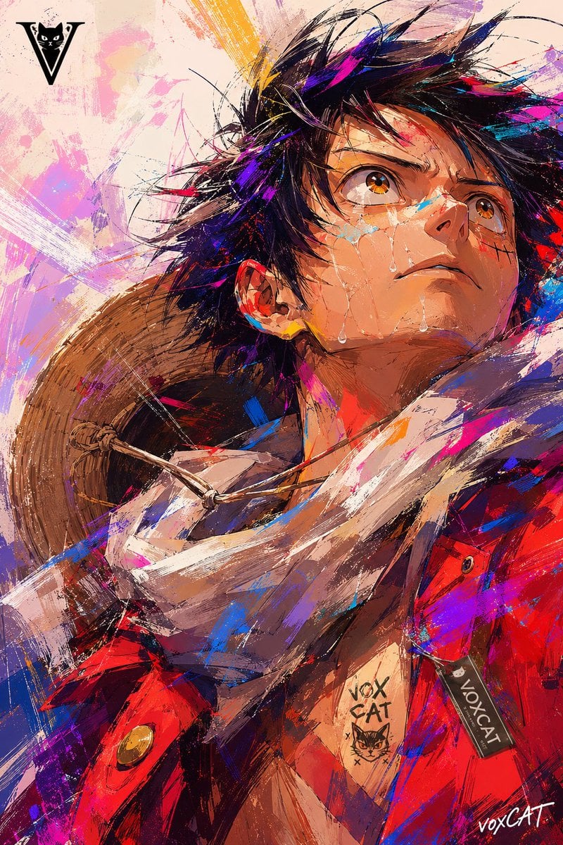 竖版近景人物插画。[Character Name]短而凌乱的黑发被风吹散，巨大的琥珀色眼睛向上望，脸上留有明亮透明... - alternate