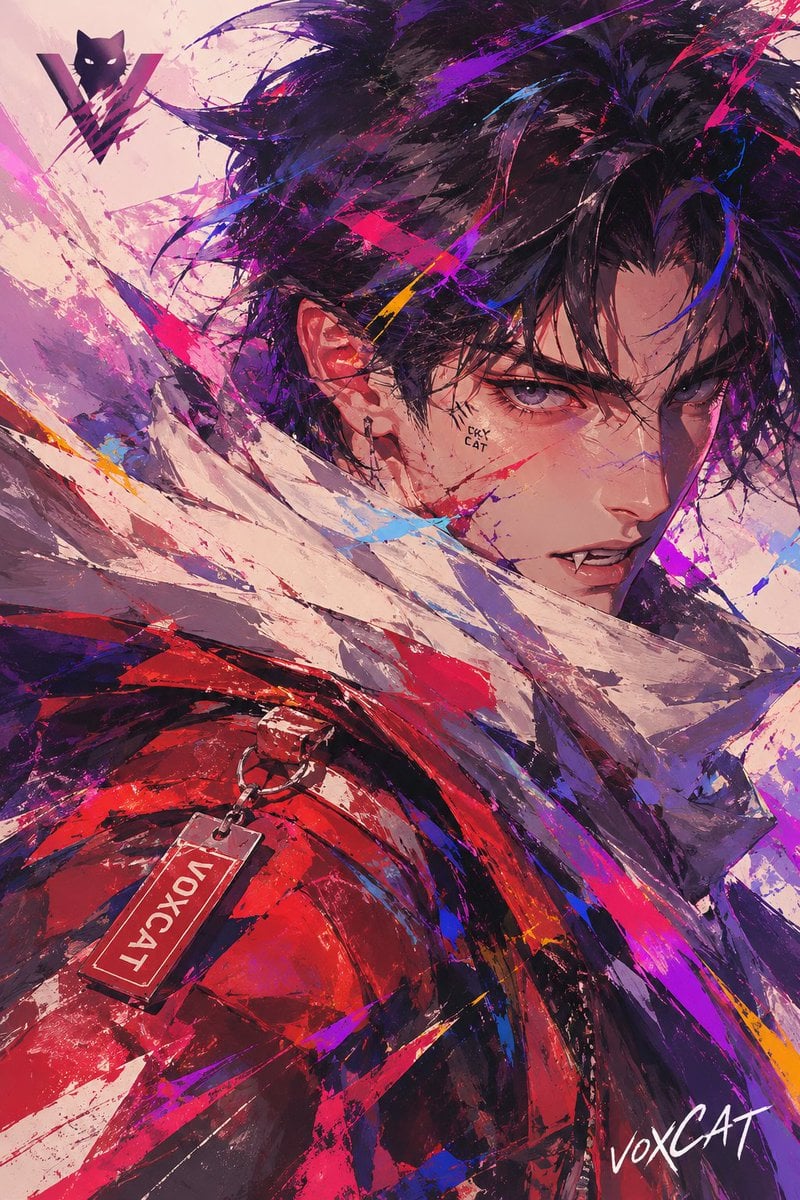 竖版近景人物插画。[Character Name]短而凌乱的黑发被风吹散，巨大的琥珀色眼睛向上望，脸上留有明亮透明... - alternate