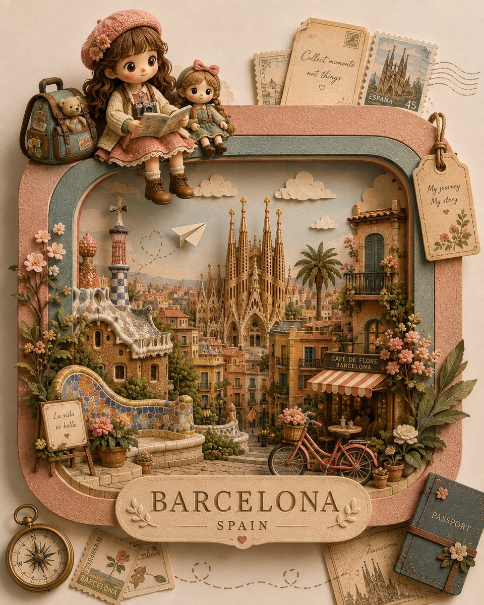 Create a premium handcrafted 3D paper-craft travel dioram...