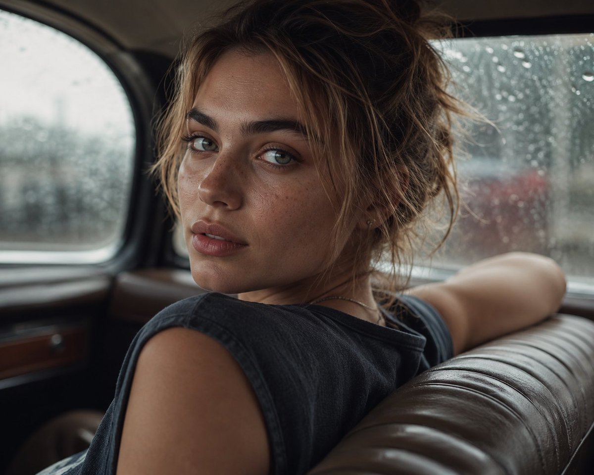 Photorealistic close-up over-the-shoulder portrait of a y...
