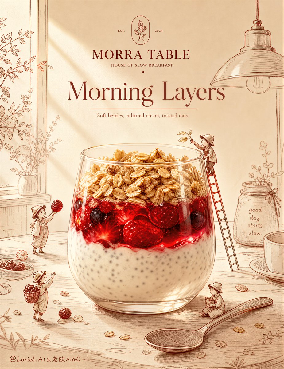 Create an ultra-premium breakfast parfait advertising pos...