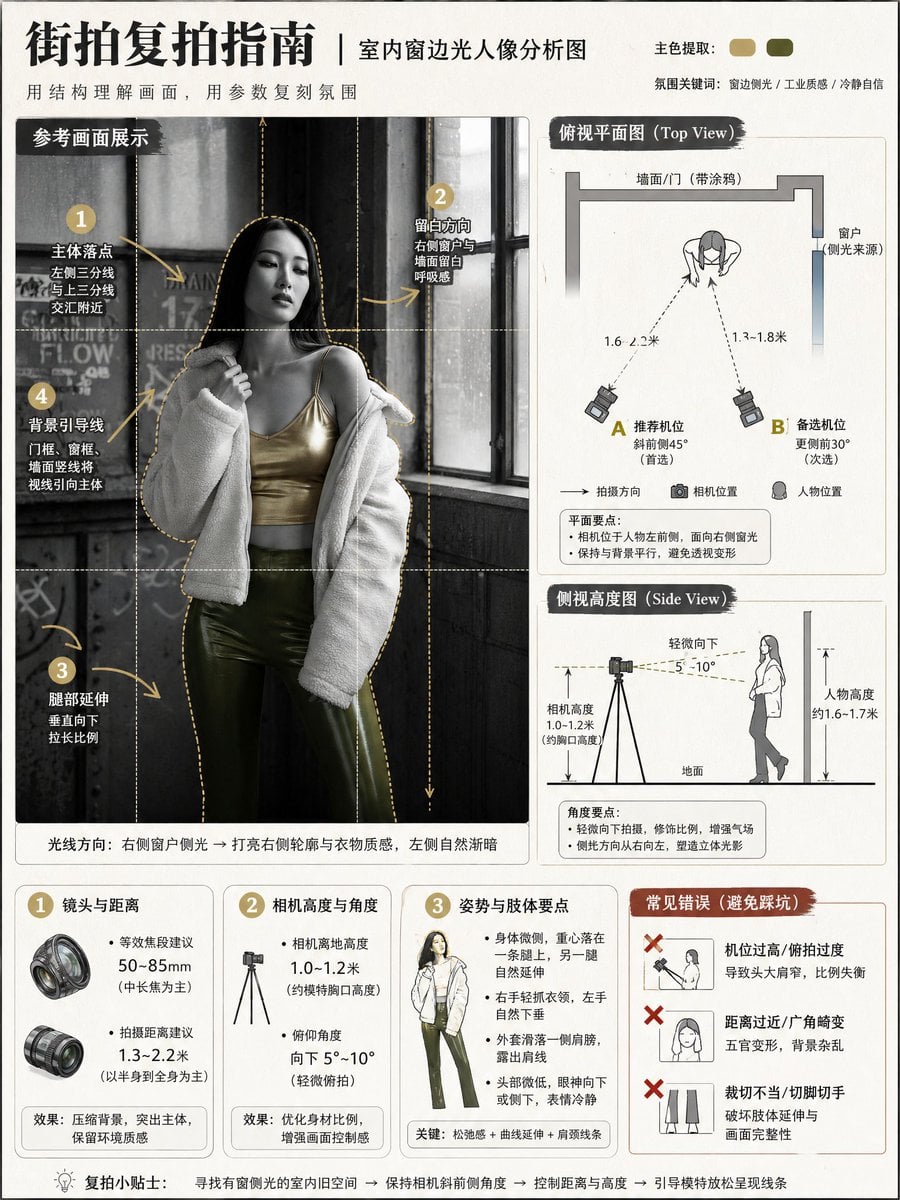 把【图1参考图】作为唯一视觉依据，生成一张竖版 3:4 的街拍摄影知识分析图（教学信息图海报）。目标：用清晰有趣的... - alternate