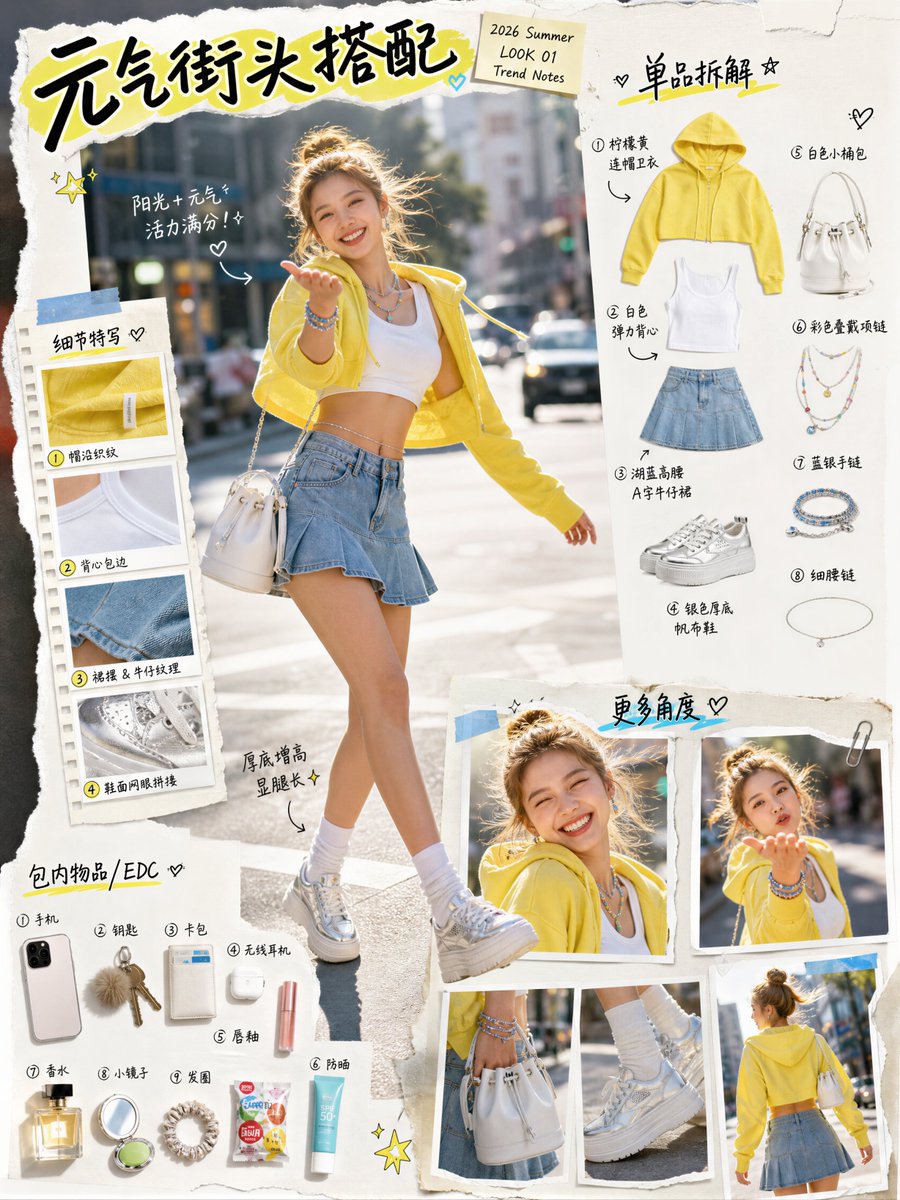 竖版 3:4 写实“街拍杂志感穿搭拆解版面（fashion editorial outfit breakdown ...