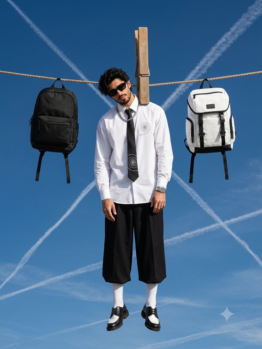 A surreal high-fashion editorial photograph of a stylish ...