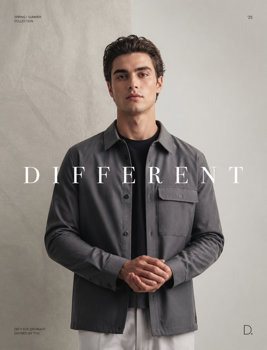 Luxury editorial.Main Subject: Young male model wearing a...